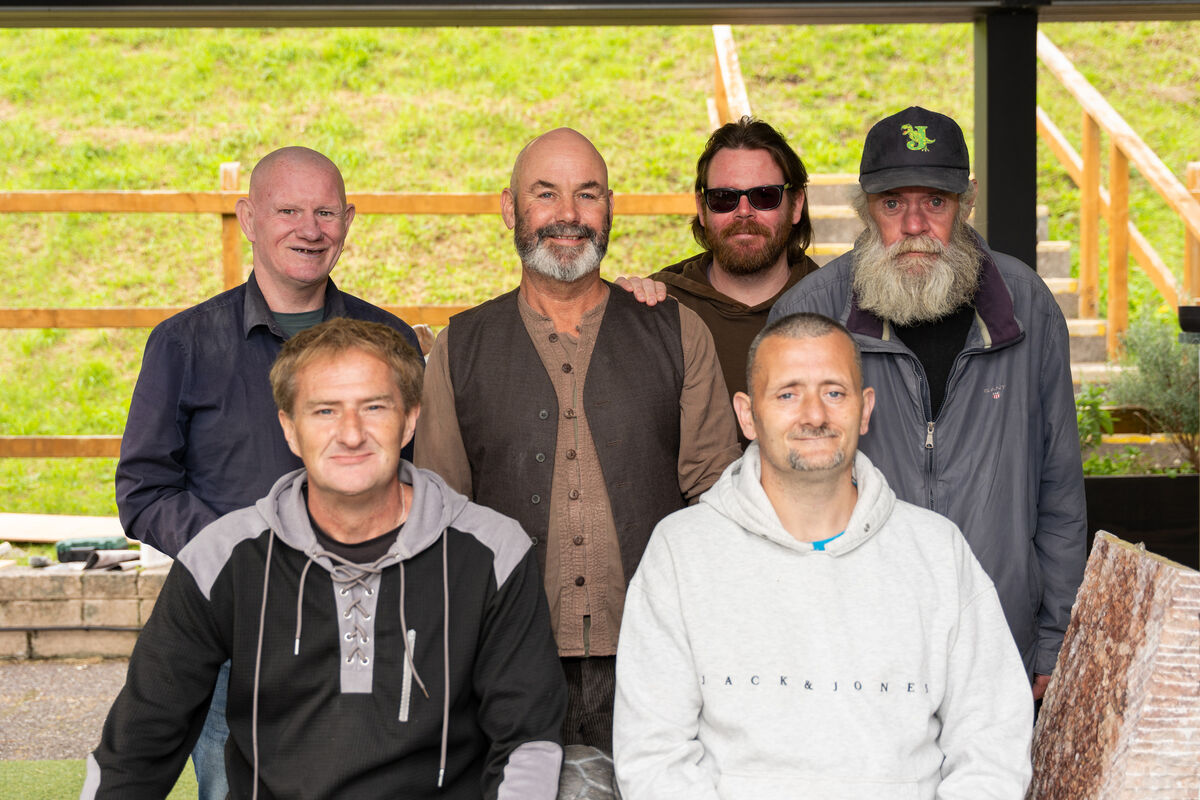 At the launch of the stone carving exhibition at The Glen Resource Centre, stone carvers, front, Kevin Clarke and Daniel Mulroy. Back row, John Kavanagh, course co-ordinator Tommy Lysaght, Aaron O’Sullivan and Alan Hallissey. Pictures: Noel Sweeney