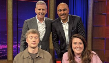 Late Late Show host Patrick Kielty was joined in studio by comedians Kyla Cobler and James Acaster, as well as former rugby star Simon Zebo who remembered Anthony Foley. Picture: RTE.