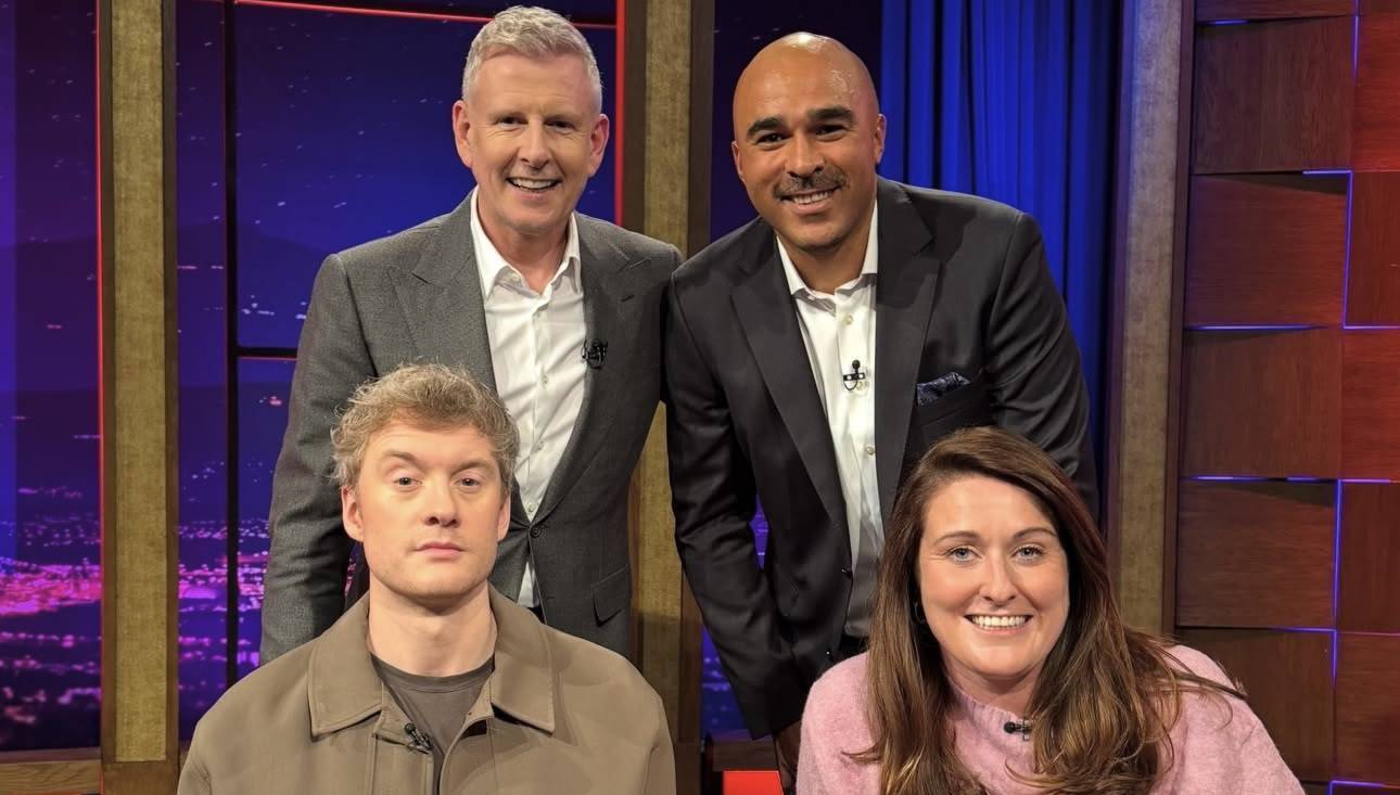 Late Late Show host Patrick Kielty was joined in studio by comedians Kyla Cobler and James Acaster, as well as former rugby star Simon Zebo who remembered Anthony Foley. Picture: RTE.