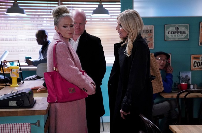 576713,TITLE:Eastenders Cindy approaches Max and Linda in the caff in a scene from EastEnders