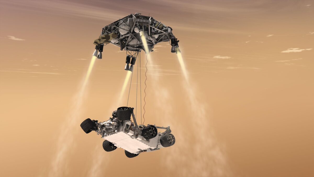 An illustration showing the landing of Curiosity rover on Mars using the sky crane. Credit: NASA/JPL-Caltech