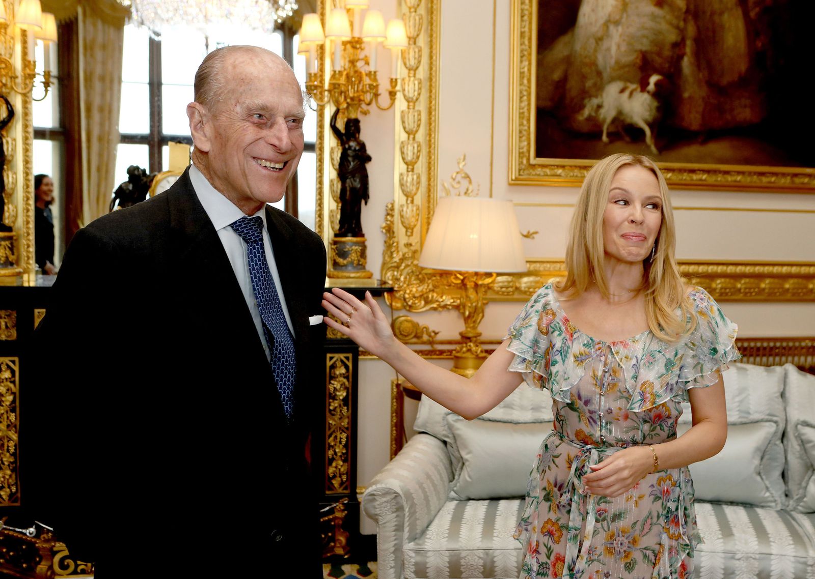 Prince Philip entertained Australian songstress Kylie Minogue in the White Drawing Room in 2016