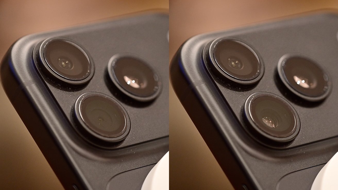 Close-up of a smartphone's triple rear camera module shown twice side by side, highlighting the circular lenses and slightly different reflections on a dark rectangular camera bump