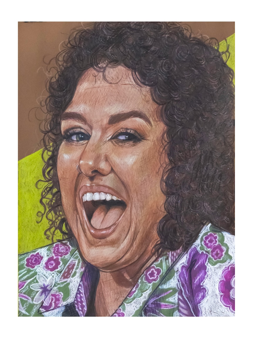 Colourful pencil drawing of Casey Donovan with her mouth open in a big smile, in a colourful top