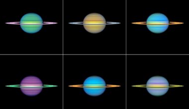 Views of Saturn in different wavelengths, as seen by the Hubble Space Telescope observation program called OPAL (Outer Planet Atmospheres Legacy). Science: NASA, ESA, Amy Simon (NASA-GSFC), Michael H. Wong (UC Berkeley). Image Processing: Joseph DePasquale (STScI)