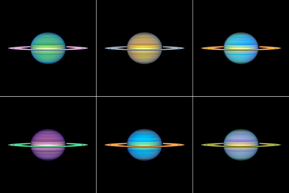 Views of Saturn in different wavelengths, as seen by the Hubble Space Telescope observation program called OPAL (Outer Planet Atmospheres Legacy). Science: NASA, ESA, Amy Simon (NASA-GSFC), Michael H. Wong (UC Berkeley). Image Processing: Joseph DePasquale (STScI)