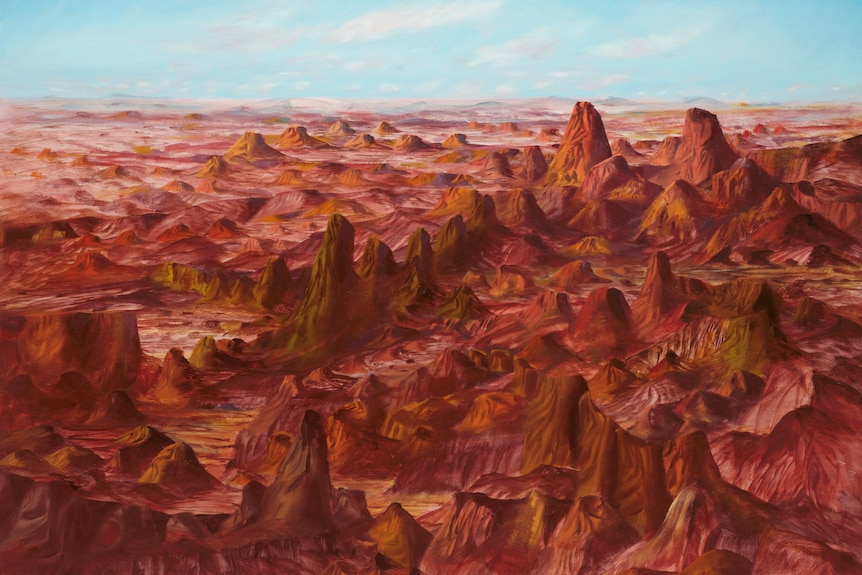 A detailed painting of a rocky, red dirt, made up of hills and valleys, against a bright blue horizon.