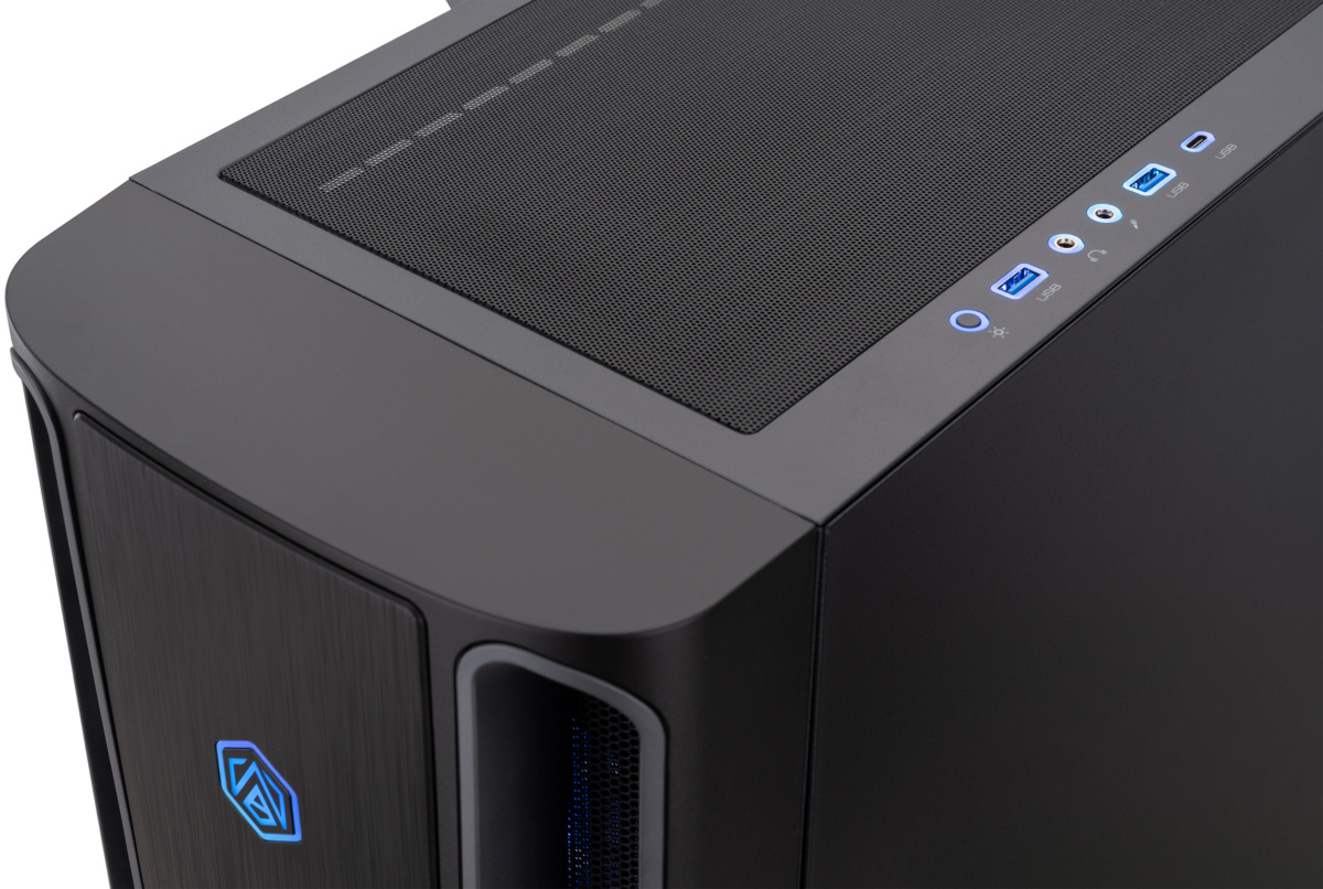 USB and audio connections beside the mesh top of the ABS Kaze II Aqua case