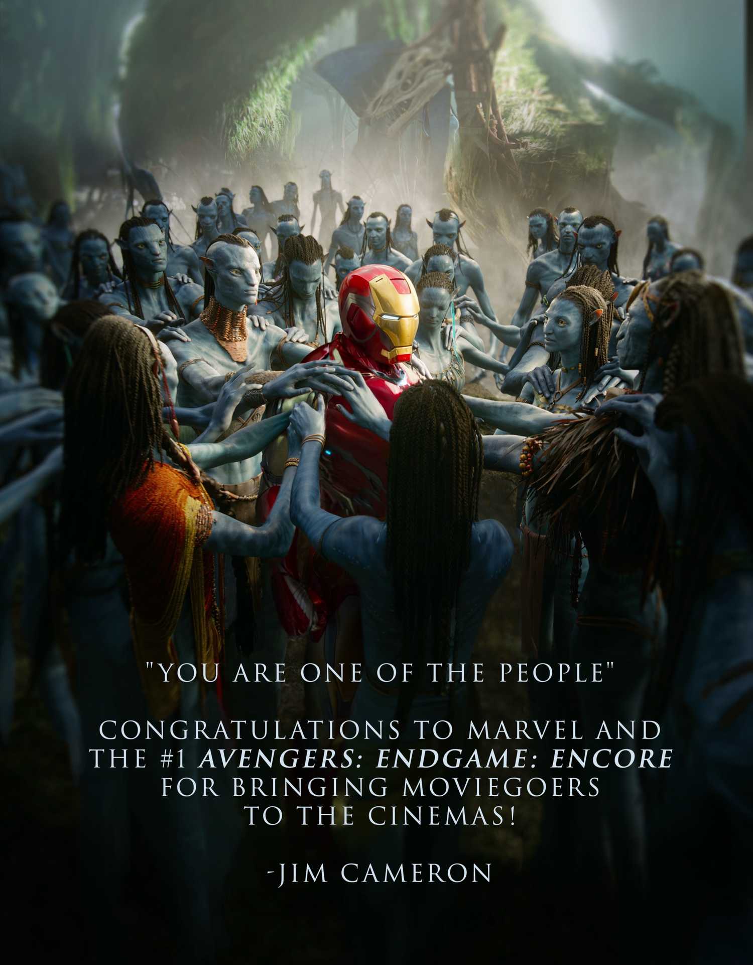Iron Man in the middle of the Na'vi from 'Avatar.'