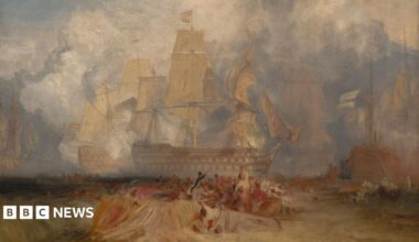 A coloured sketch of a 19th Century battle ship.