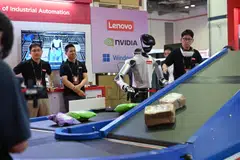 Lenovo’s humanoid robot, which can be used for automated parcel sorting, is among the company’s smart manufacturing solutions.