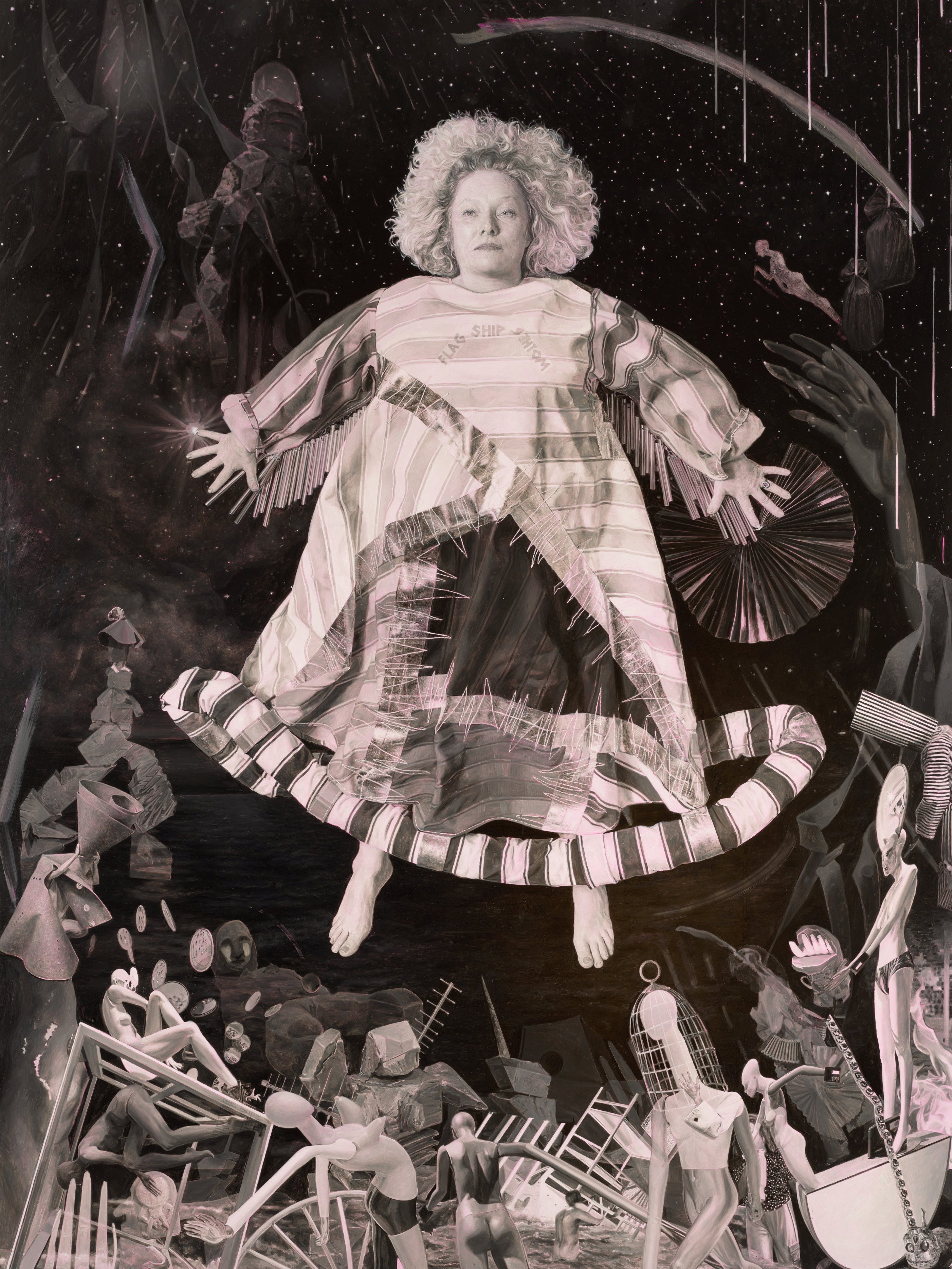 Painting of black and white figure suspended in air.