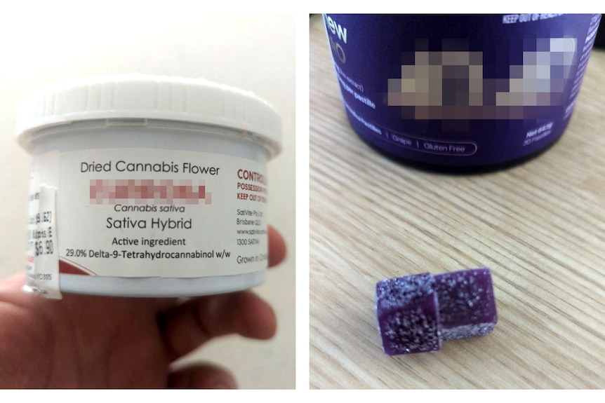A composite with two images: a plastic jar with 'Dried Cannabis Flower' on it, and two purple cannabis gummies.