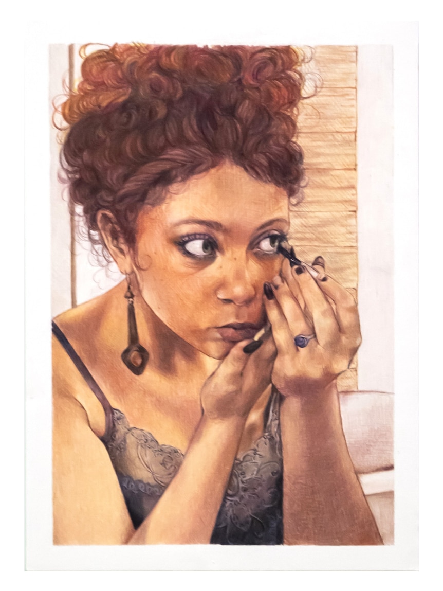 Painting of a young woman with her hair up doing her eyeliner in the mirror