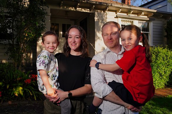 Catherine Pitre and Martin Clark, with Elliot, 4, and Olivia, 7, at their rental home in Glen Iris, which they inspected as soon as they arrived from Quebec.