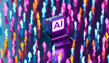A digitally generated image featuring an old-style computer monitor displaying the letters “AI” with neon business crowd.