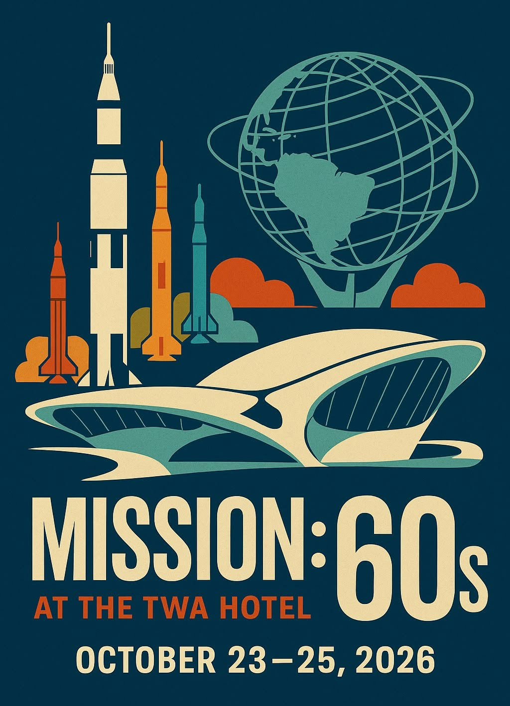 an event poster depicting rockets, a large Earth globe and an airport terminal