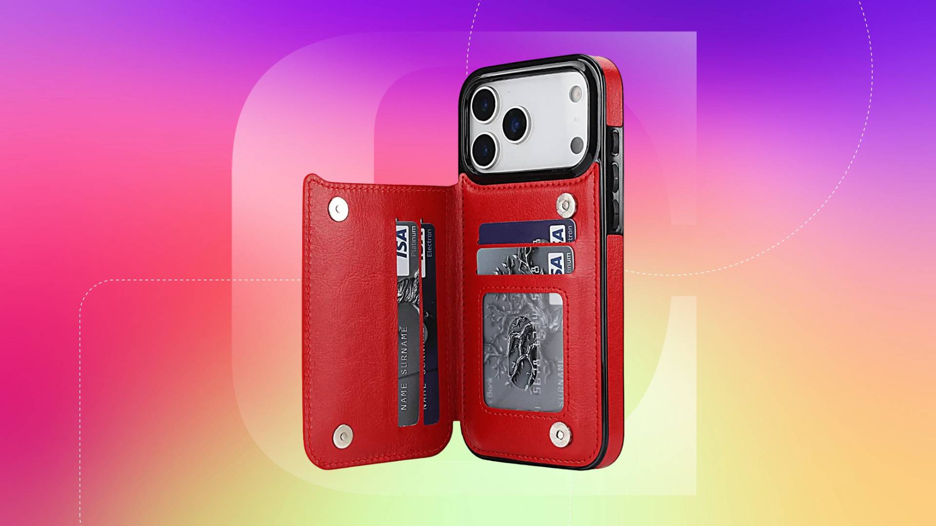 A red flip case for the iPhone 18 Pro against a red, orange and purple gradient CNET background.