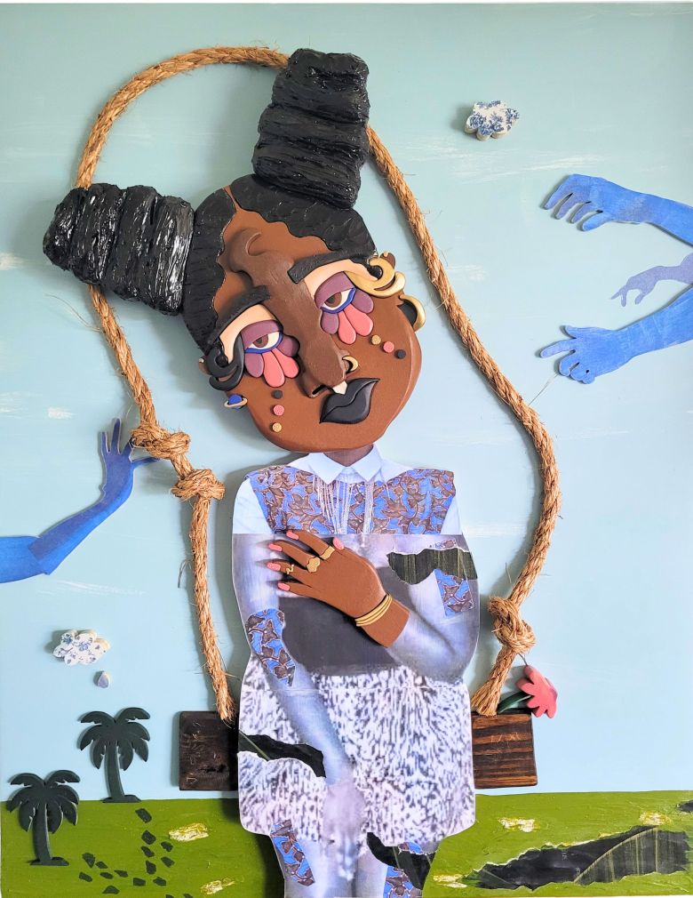 "Before I Knew Shame" (19 words): Mixed-media relief self-portrait of a figure in a rope swing as cutout blue hands reach in from both sides.
