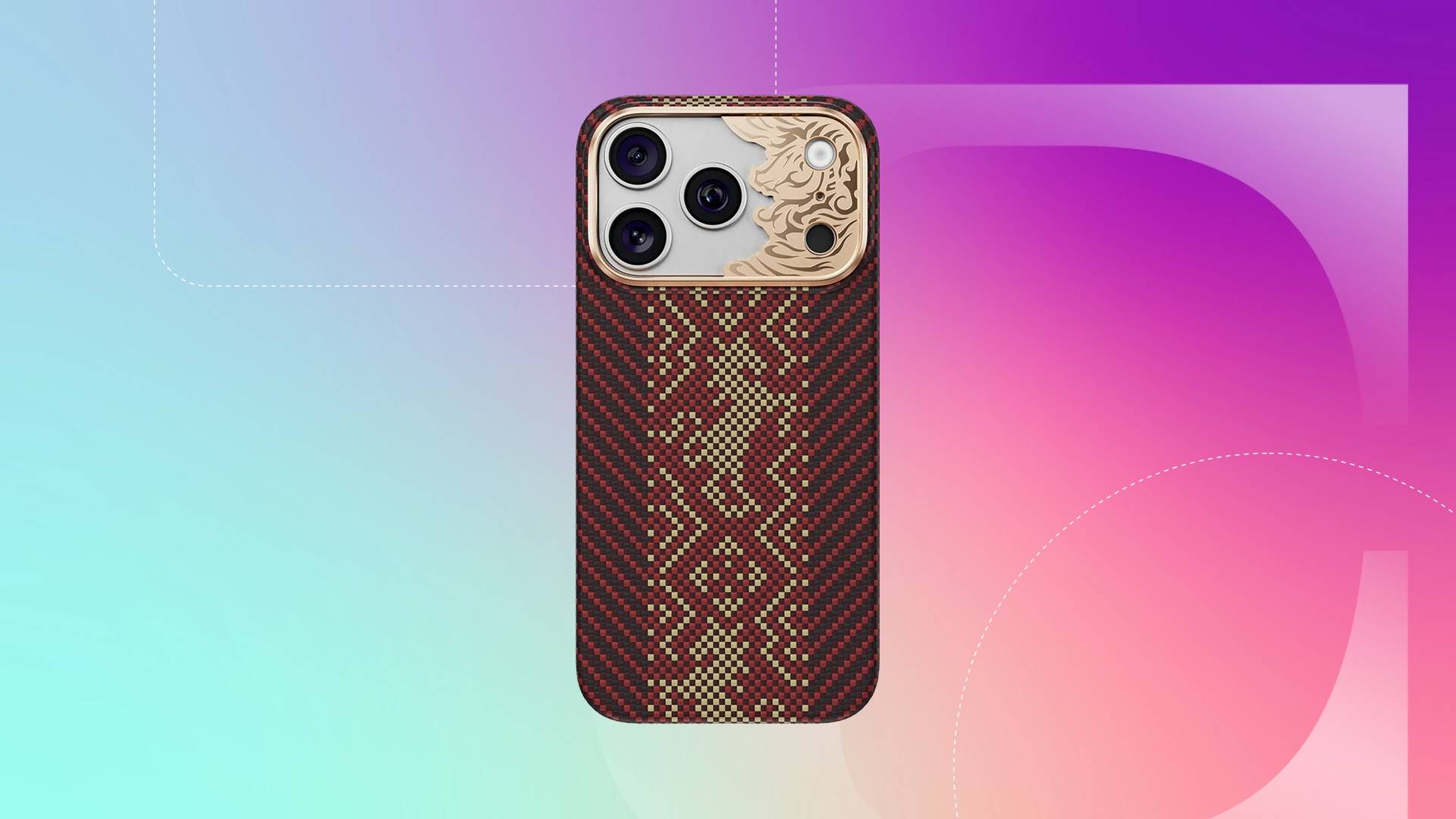 A red and gold iPhone 18 Pro case against a green/pink gradient CNET background.