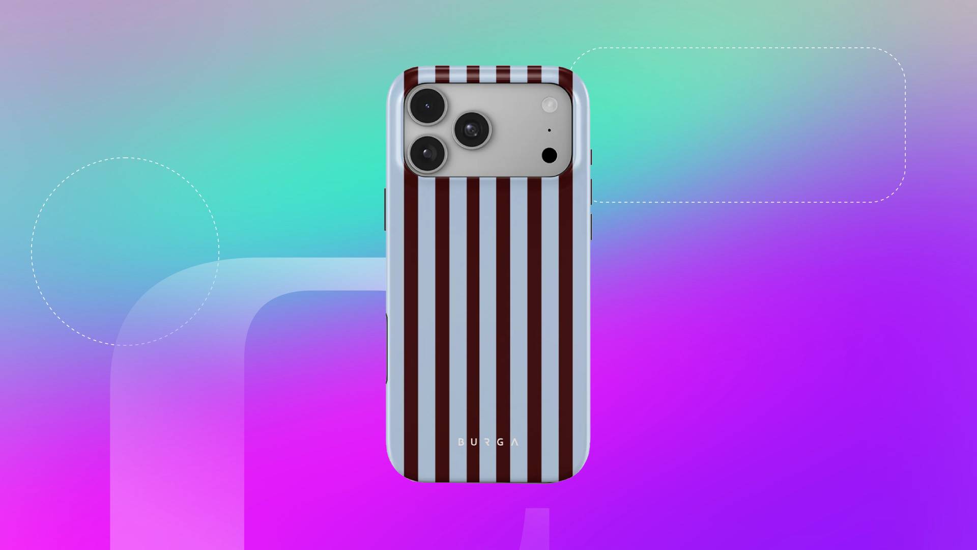 A brown and white striped iPhone case against a green/purple gradient CNET background.