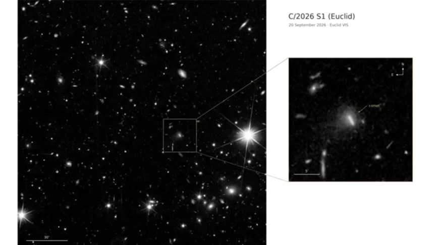 The image was captured on 20 September 2026, during the Euclid Deep Field North survey. It is a 560.52 second exposure, so the comet appears like a streak because it moves across the sky during the long exposure. A fuzzy cloud of dust and gas, known as a ‘coma’ in cometary terms, is seen around the object.
