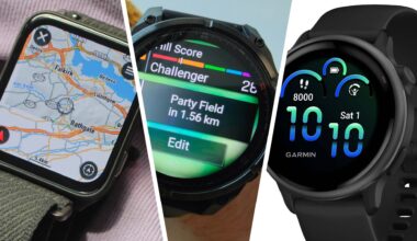 Three shots of Garmin watches with various apps open