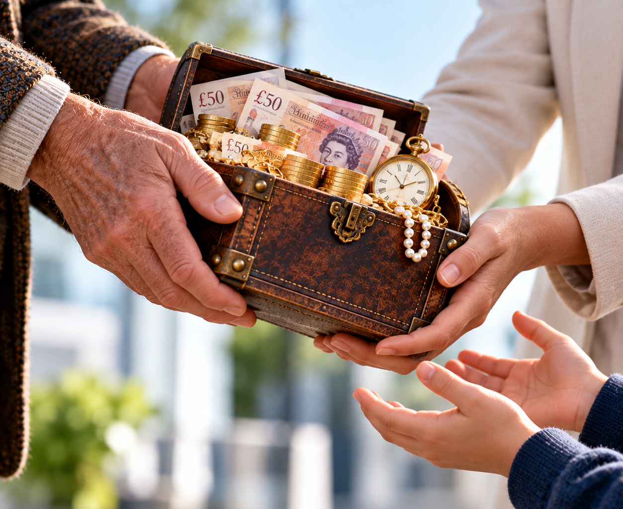 Inheritance passed between generations with cash and valuables, representing wealth used for buy-to-let investment