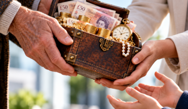 Inheritance passed between generations with cash and valuables, representing wealth used for buy-to-let investment