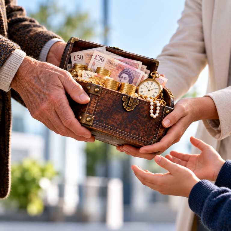 Inheritance passed between generations with cash and valuables, representing wealth used for buy-to-let investment