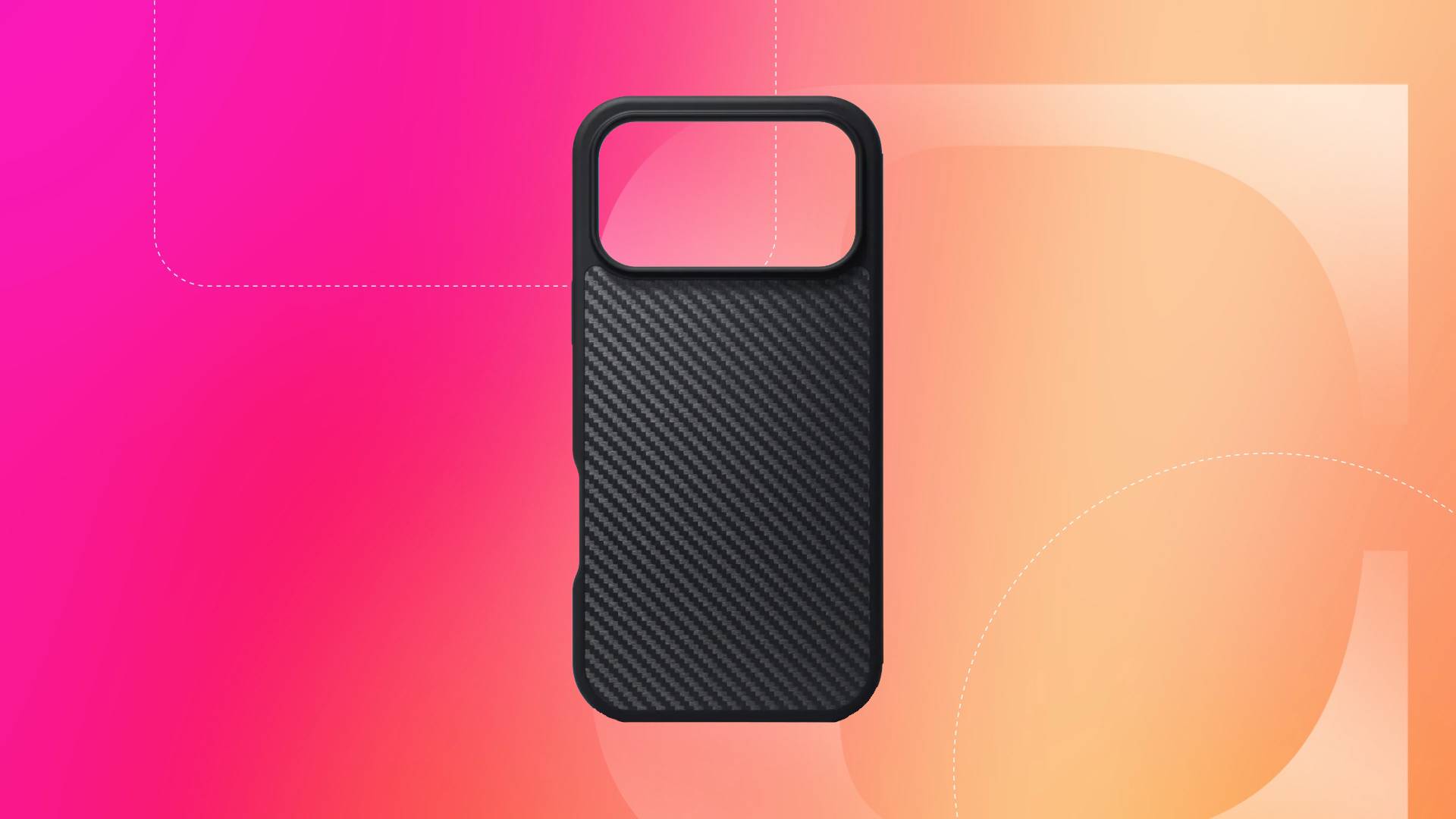 A black iPhone 18 Pro case against a red/orange gradient CNET background.