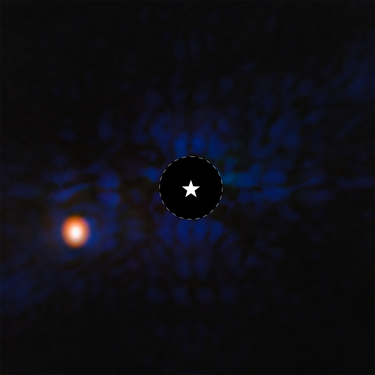 Image of super Jupiter exoplanet Epsilon Indi Ab, captured using the coronagraph on the James Webb Space Telescope’s MIRI (Mid-Infrared Instrument). The star symbol marks the location of the exoplanet's host star, which is blocked by the coronagraph. Credit: NASA, ESA, CSA, STScI, Elisabeth Matthews (MPIA)