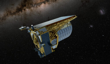 An artist's depiction of the Euclid space telescope out in space.