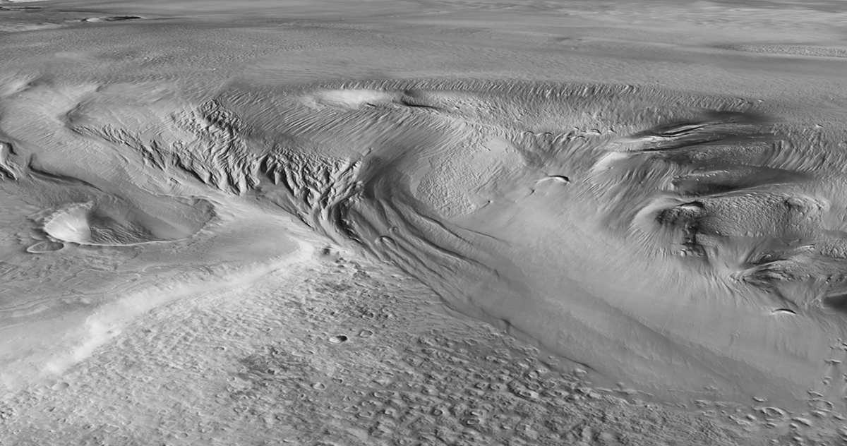Eumenides Dorsum, part of the Medusae Fossae Formation, is suspected to contain the thickest MFF ice-rich deposit. Credit: ESA