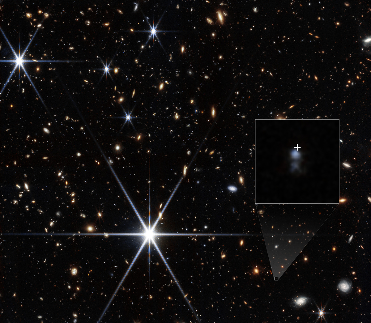 James Webb Space Telescope NIRCam image showing the host galaxy of fast radio burst FRB 20240304B, whose location is shown by the white cross. Image: NASA, ESA, CSA, STScI, Themiya Nanayakkara (USYD); Image Processing: Joseph DePasquale (STScI)