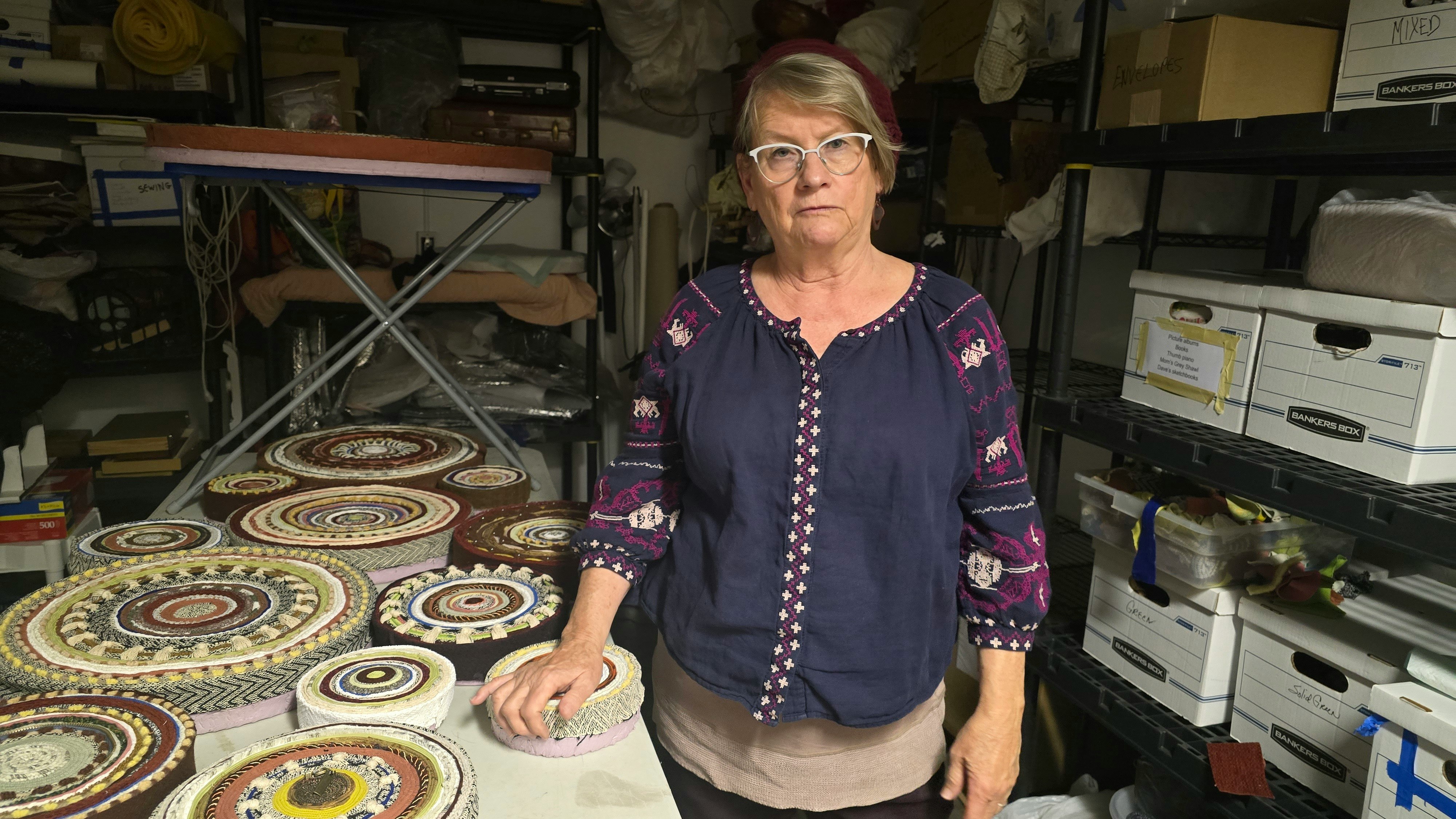 Artist georgia Rowswell creates textured Western landscapes using textile fabrics. She believes artists will find ways to protect themselves from bad uses of AI.