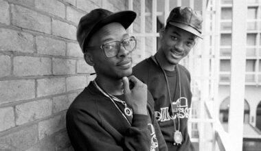 Jazzy Jeff and the Fresh Prince, Jeff Townes (left) and Will Smith (right), pose for a portrait session at the Holiday Inn hotel, Swiss Cottage, London, 21st October 1986.