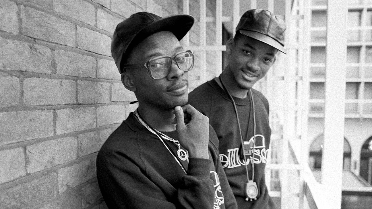 Jazzy Jeff and the Fresh Prince, Jeff Townes (left) and Will Smith (right), pose for a portrait session at the Holiday Inn hotel, Swiss Cottage, London, 21st October 1986.