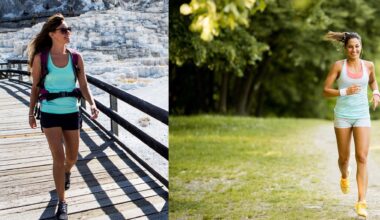 Woman rucking on left, woman running outdoors on right