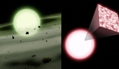 An artist depiction of green and pink white dwarf stars.