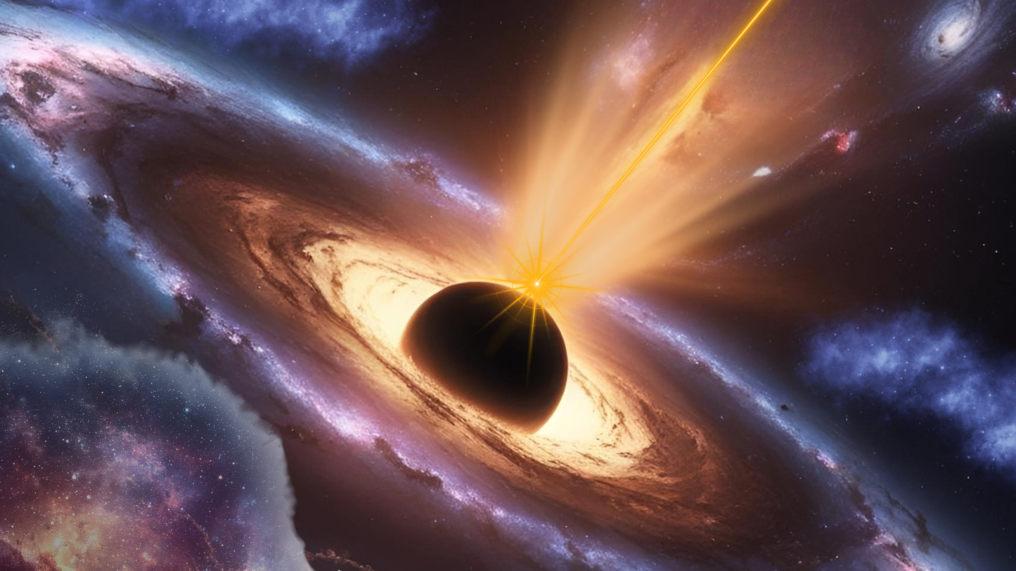 A purple smoky ring with an orange disk at its center, in the middle of the disk is a black circle with an orange cone emerging from it