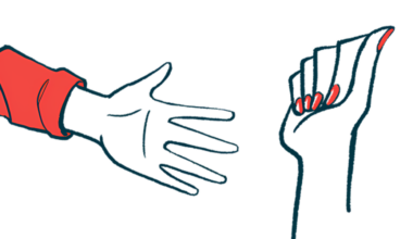 An outstretched hand reaches toward another hand, seen with its fingers folded down onto its palm.
