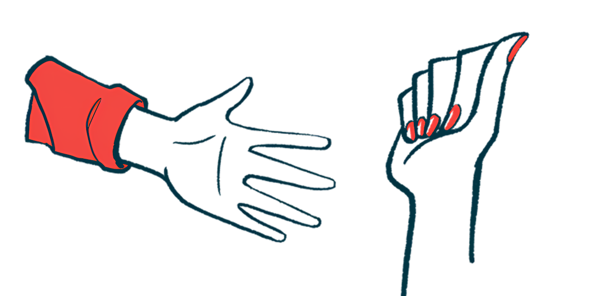 An outstretched hand reaches toward another hand, seen with its fingers folded down onto its palm.