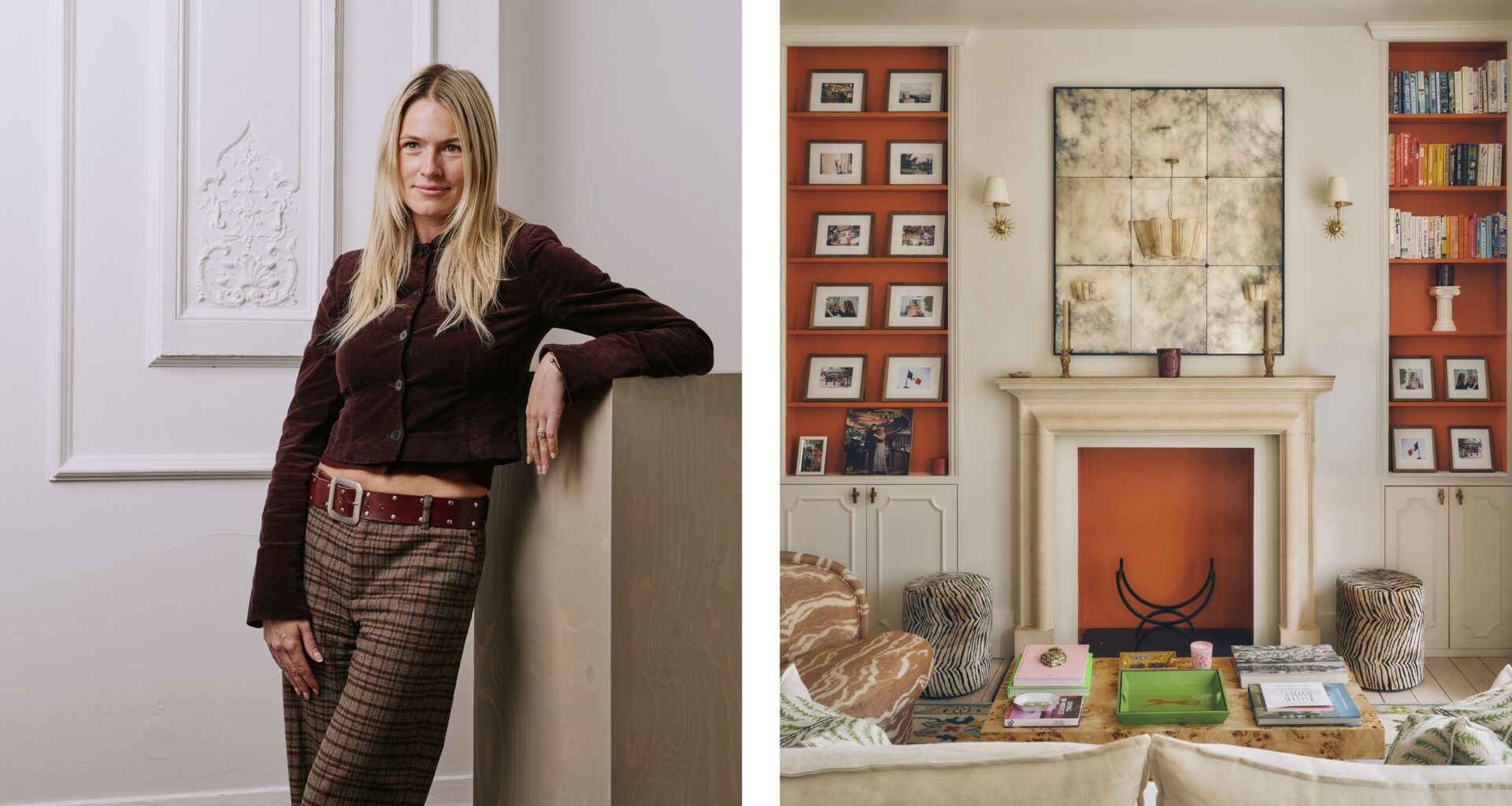 two shots next to each other. On the left, Flora Slater stands looking off camera. On the right, a living room with fireplace