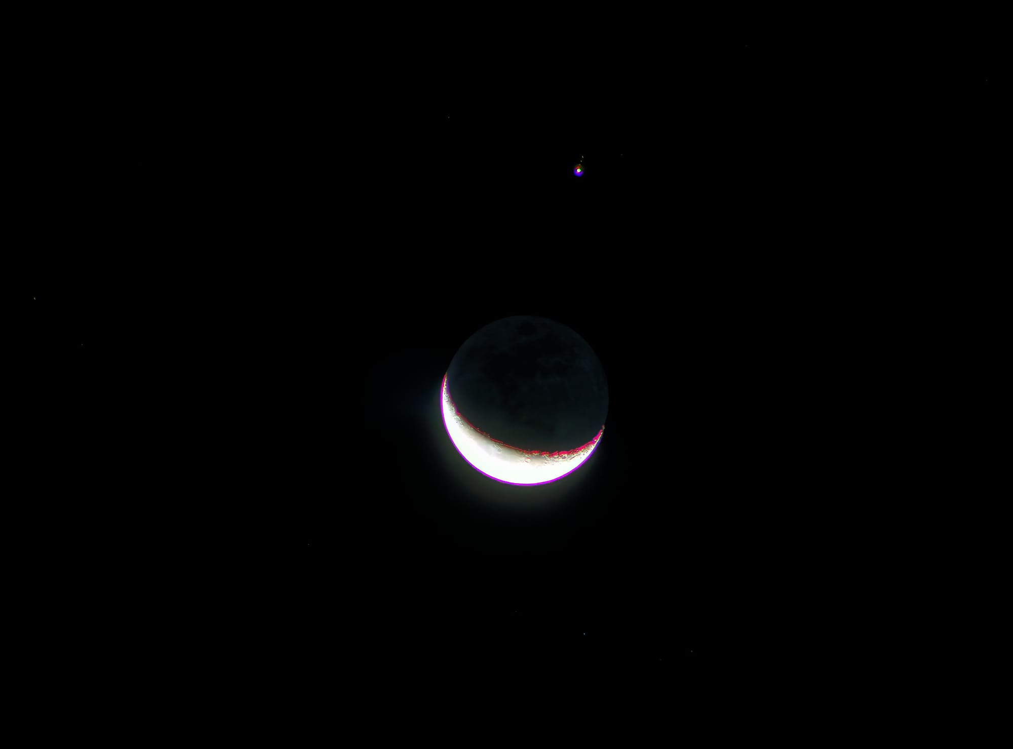  The Moon and Jupiter (with three moons) is an HDR image taken with Canon SL2 DSLR and a 300mm telephoto lens.