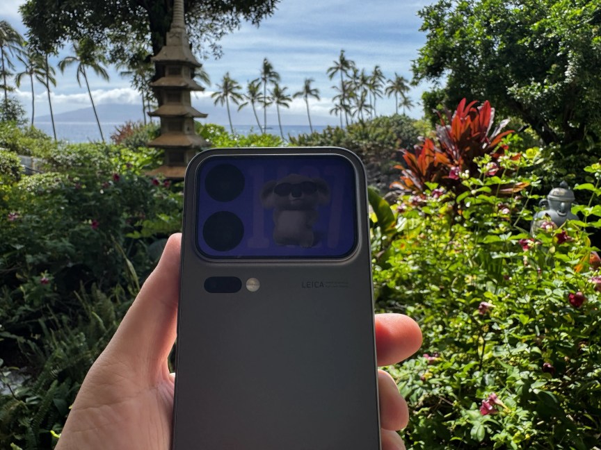 A phone with a rear screen next to cameras in front of a beautiful beach background.