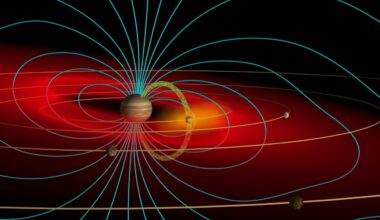 Schematic of the Jovian magnetosphere showing the Io Plasma Torus (red) and magnetic field lines (blue). Credit: John Spencer