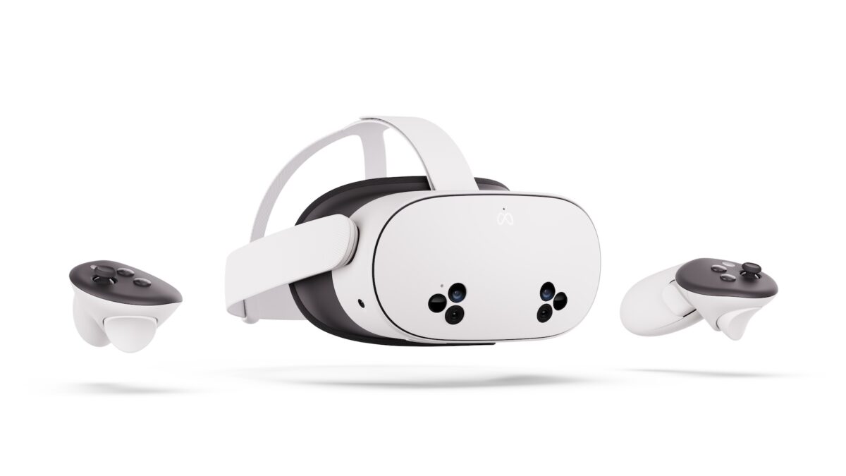The Meta Quest 3S VR headset and two VR controllers in an angled view.
