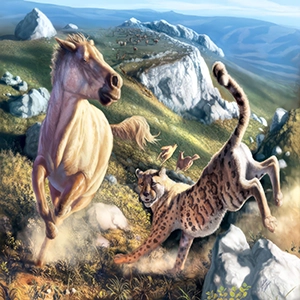 An artistic rending of Miracinonyx and the ecosystem they lived in. Credit: Julius Csotonyi