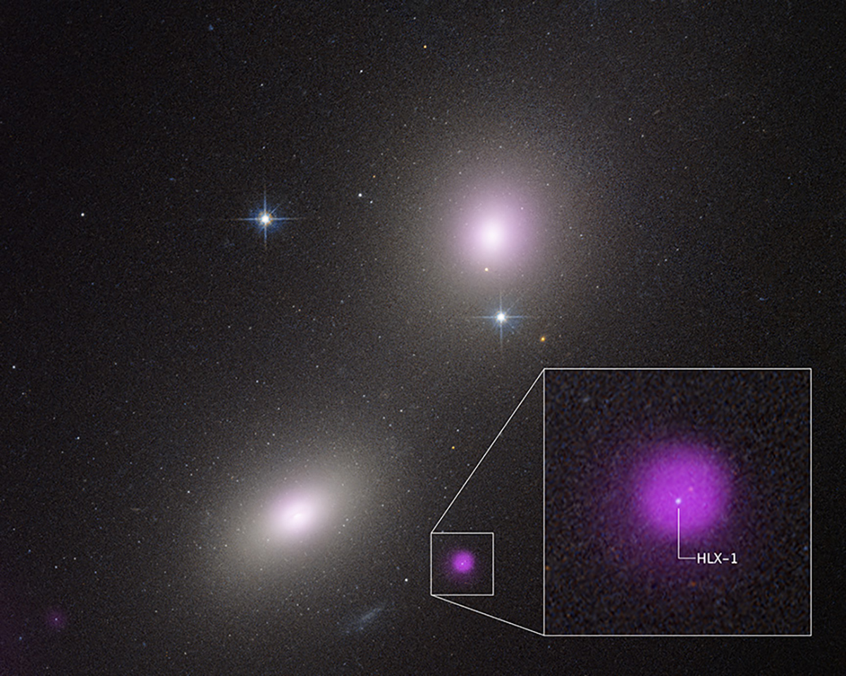 This image shows a possible rare object known as an intermediate-mass black hole (IMBH), a rare class of black holes. Called NGC 6099 HLX-1, it seems to reside in a compact star cluster in a giant elliptical galaxy. Credit: X-ray: NASA/CXC/Inst. of Astronomy, Taiwan/Y-C Chang; Optical/UV: NASA/ESA/STScI/HST; Image Processing: NASA/STScI/J. DePasquale
